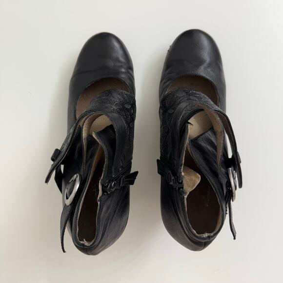 Miz Mooz Dale Mary Jane Heels Ankle Booties Faux Leather Black Embroidered Sz 9 - Picture 2 of 8